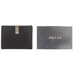 PRADA Logo Leather unisex Bifold black Wallet in prada box